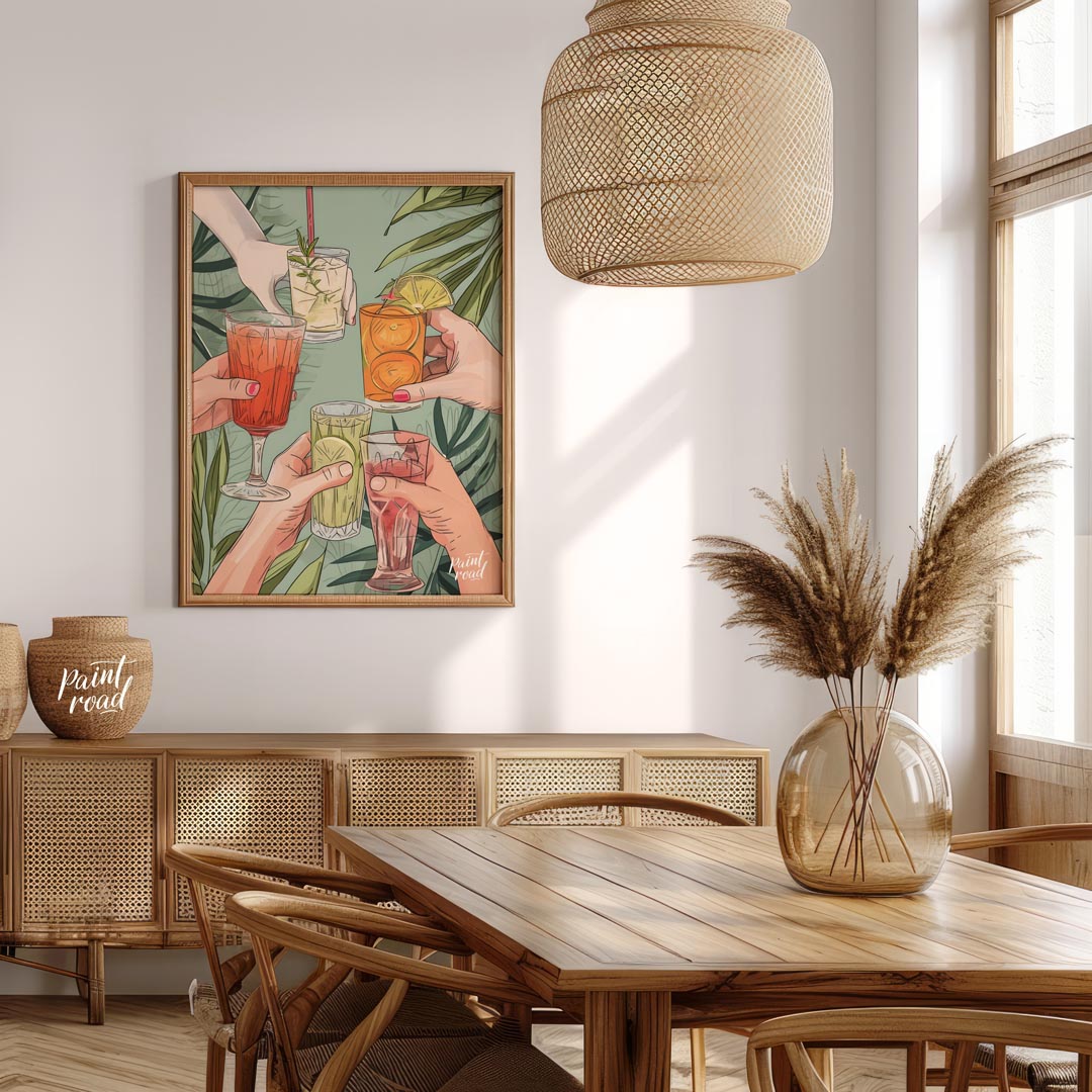 A vibrant illustration depicting a group of friends raising their glasses in a toast, celebrating t… for dining room
