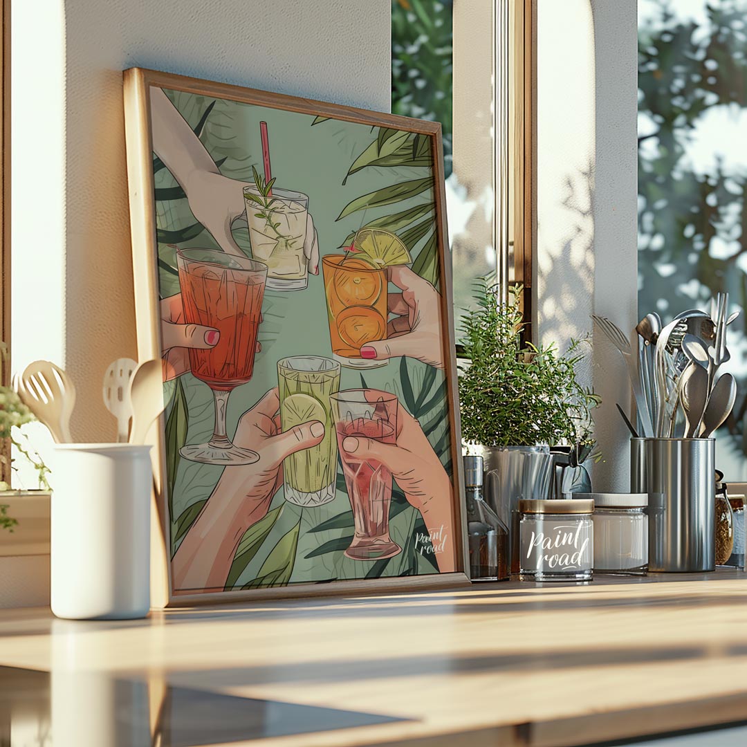 A vibrant illustration depicting a group of friends raising their glasses in a toast, celebrating t… for kitchen