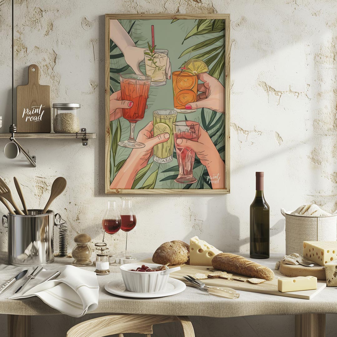A vibrant illustration depicting a group of friends raising their glasses in a toast, celebrating t… for kitchen