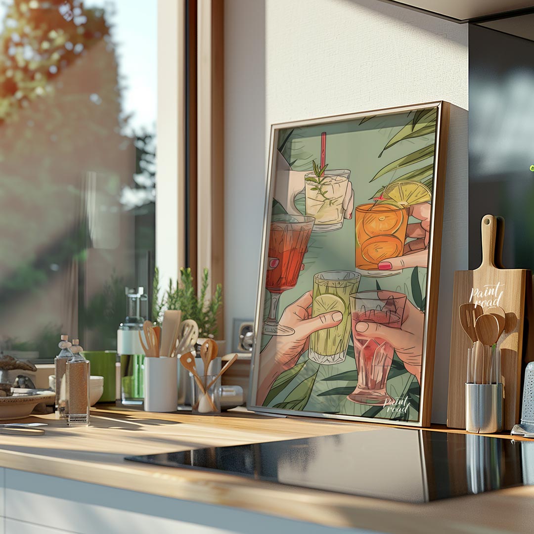 A vibrant illustration depicting a group of friends raising their glasses in a toast, celebrating t… for kitchen