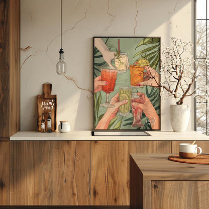 A vibrant illustration depicting a group of friends raising their glasses in a toast, celebrating t… for kitchen