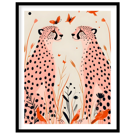 This whimsical digital illustration features two stylized cheetahs in a soft, pastel palette, surro… for lovely house
