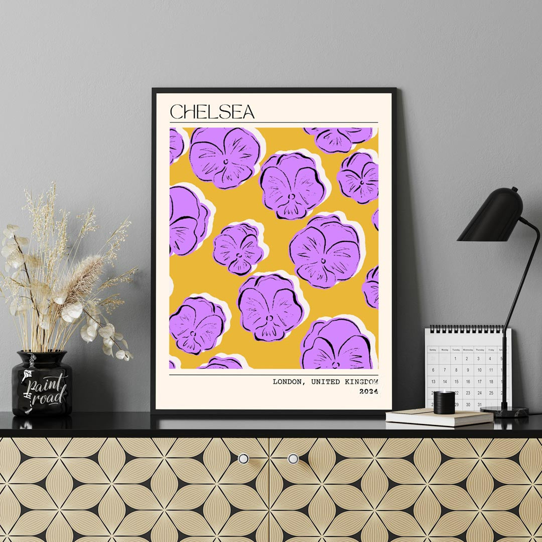 This stylish and artistic print, titled “CHELSEA” at the top and “LONDON, UNITED KINGDOM 2024” at t… for office