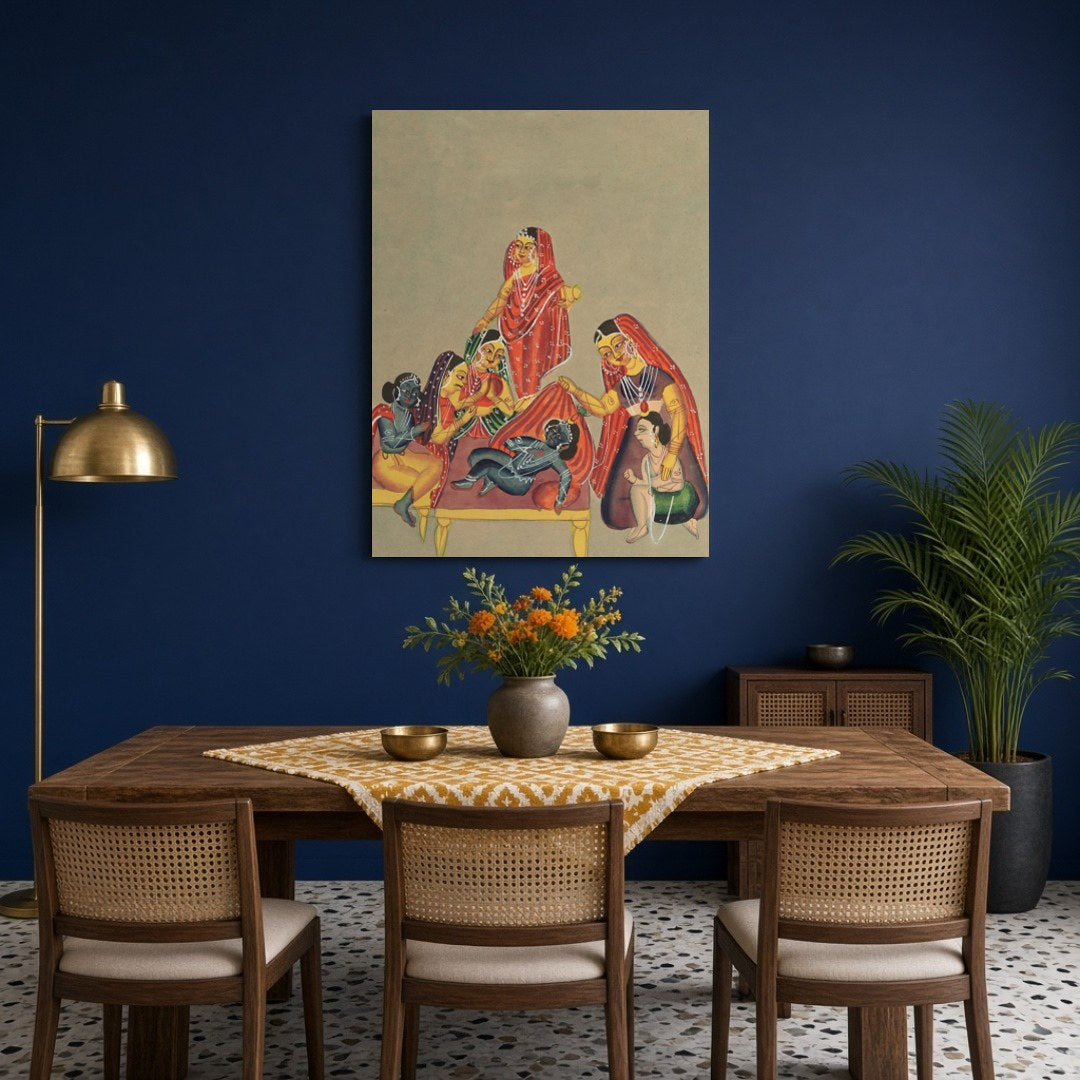 Immerse yourself in the tender world of maternal love and divine play as Yashoda lovingly watches for Dining