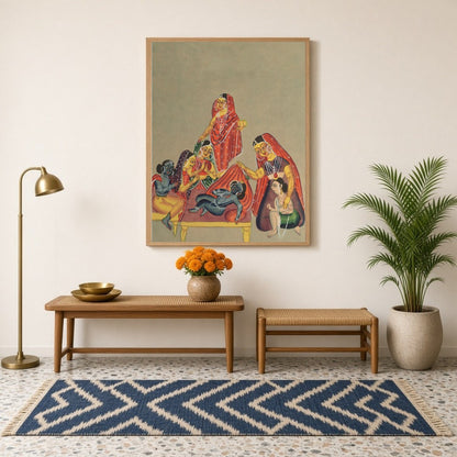 Immerse yourself in the tender world of maternal love and divine play as Yashoda lovingly watches for Hallway
