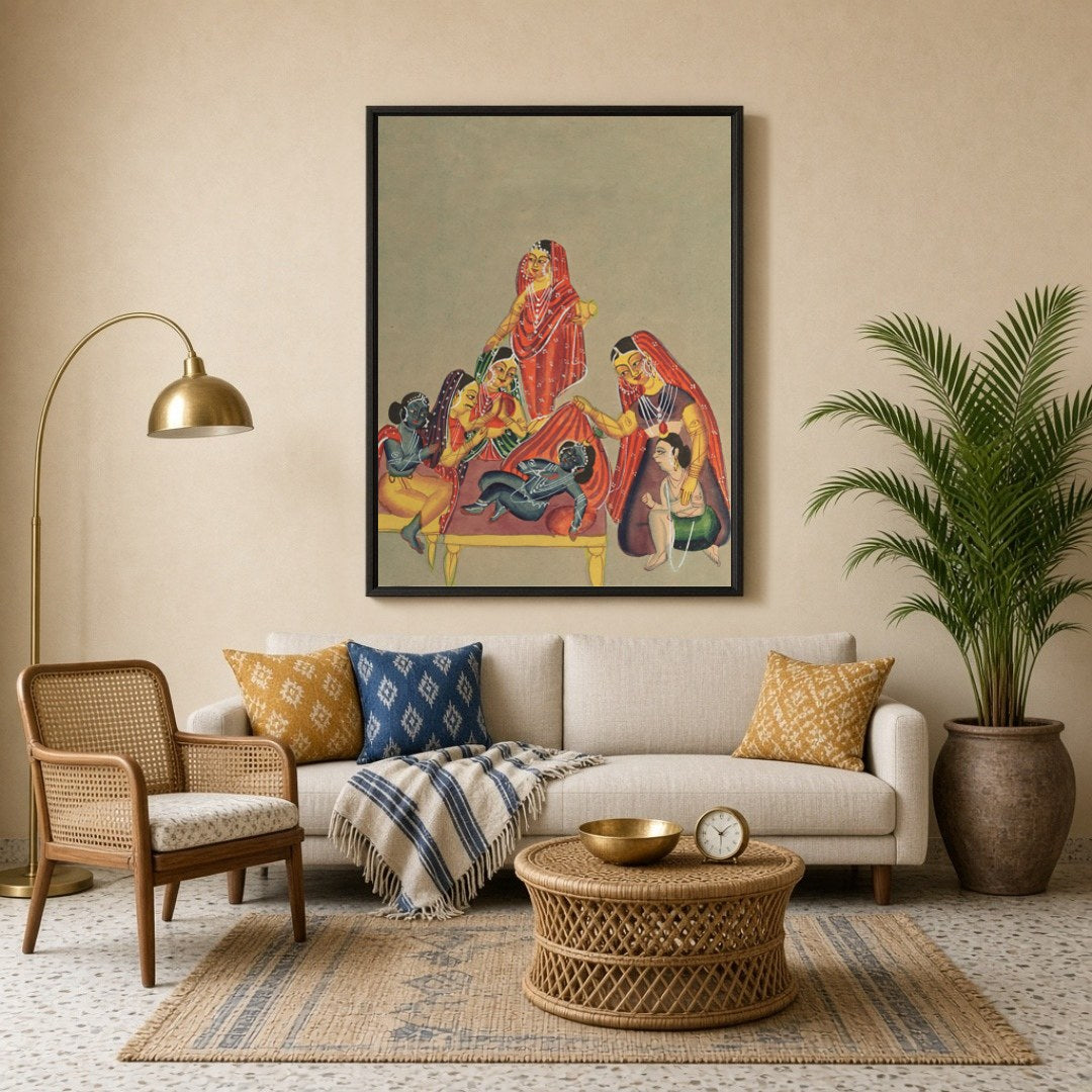 Immerse yourself in the tender world of maternal love and divine play as Yashoda lovingly watches for Living Room