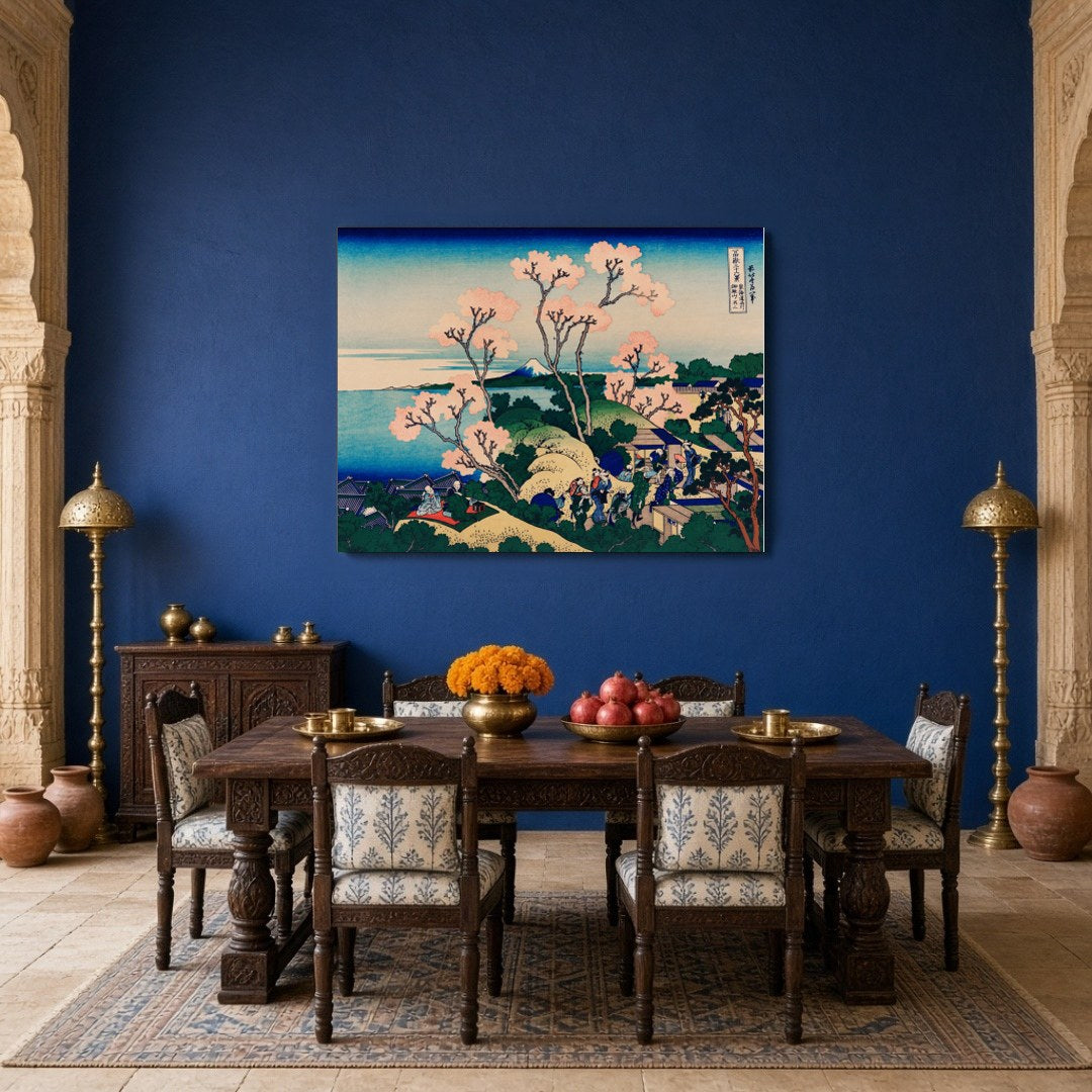 Immerse yourself in the serene beauty of 'Cherry Blossoms at Goten-Yama Hill,' an exquisite fine for Dining