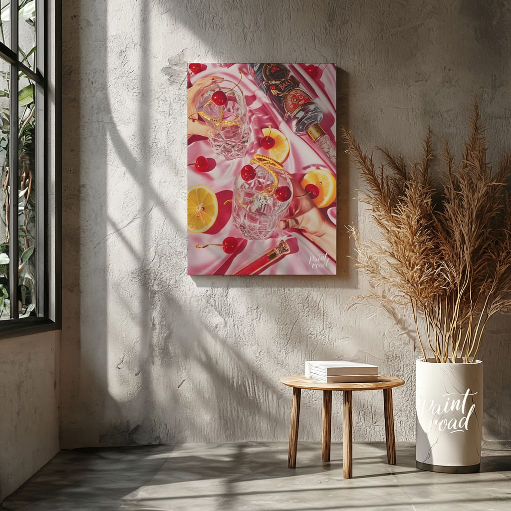 Cherry Bomb Cocktail Painting available online at Paint Road for only Cherry Bomb Cocktail showing artfully arranged bottle and cherries
