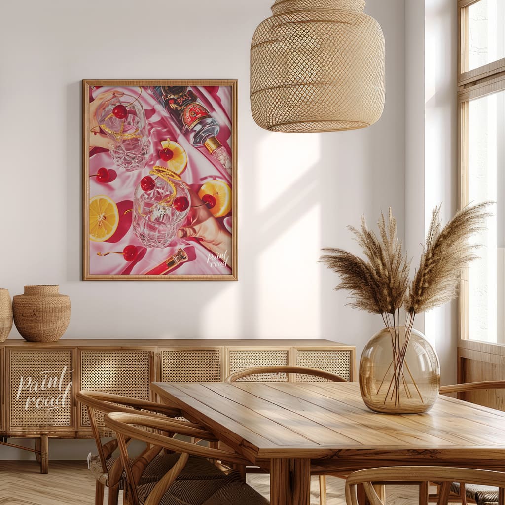 Cherry Bomb Cocktail Painting available online at Paint Road for only Cherry Bomb Cocktail showing artfully arranged bottle and cherries