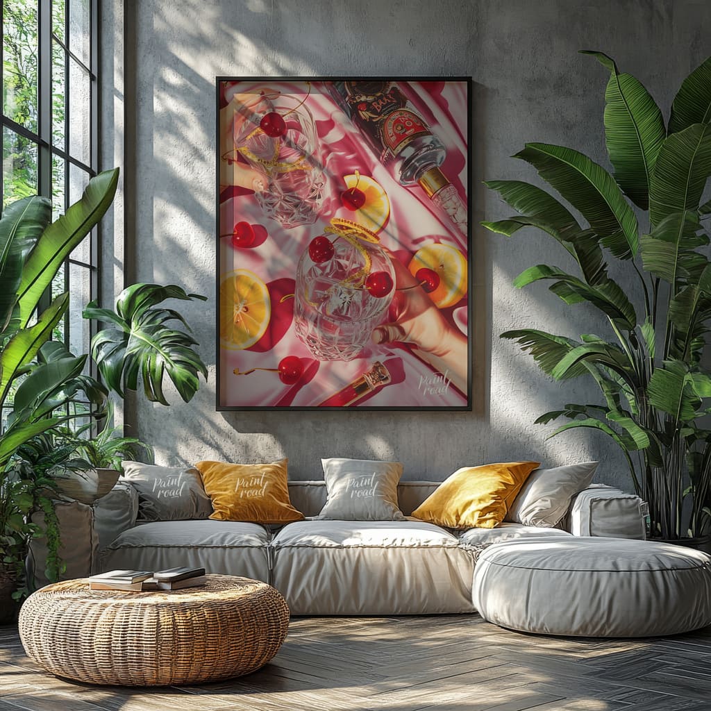 Cherry Bomb Cocktail Painting available online at Paint Road for only Cherry Bomb Cocktail showing artfully arranged bottle and cherries