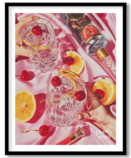 Cherry Bomb Cocktail Painting available online at Paint Road for only Cherry Bomb Cocktail showing artfully arranged bottle and cherries