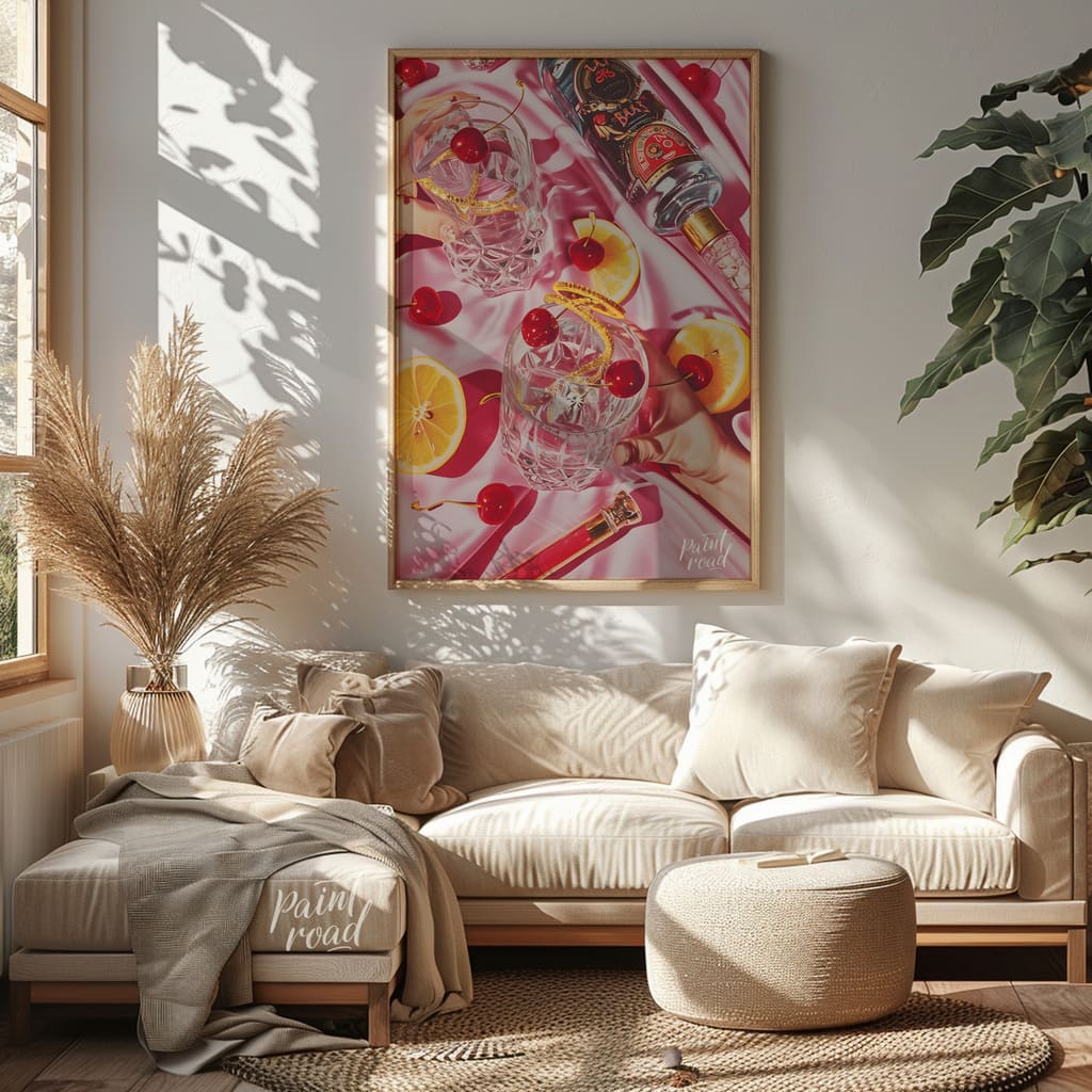Cherry Bomb Cocktail Painting available online at Paint Road for only Cherry Bomb Cocktail showing artfully arranged bottle and cherries