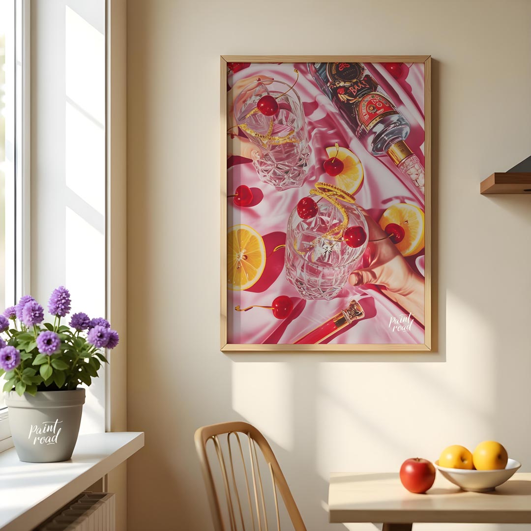 A vibrant and captivating still life photograph showcasing a luxurious cocktail scene. Two crystal … for dining room