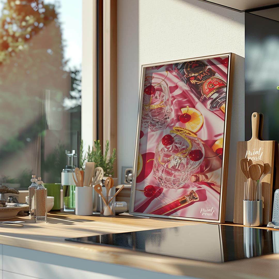 A vibrant and captivating still life photograph showcasing a luxurious cocktail scene. Two crystal … for kitchen
