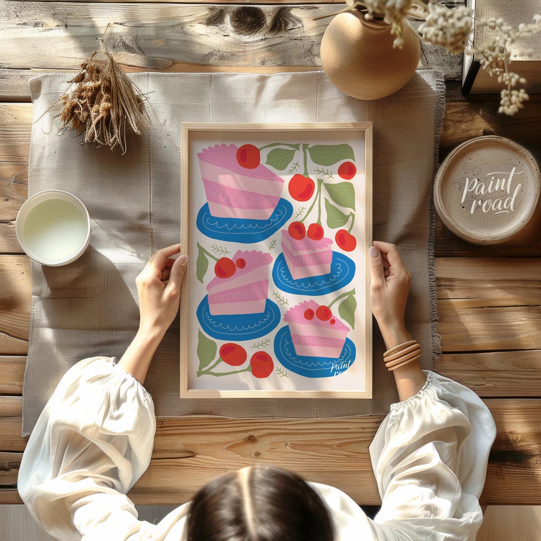 This delightful poster presents a charming assortment of cherry cake slices, each a miniature work … for dining room