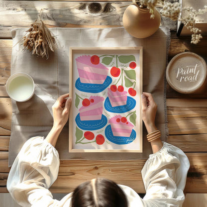 This delightful poster presents a charming assortment of cherry cake slices, each a miniature work … for dining room