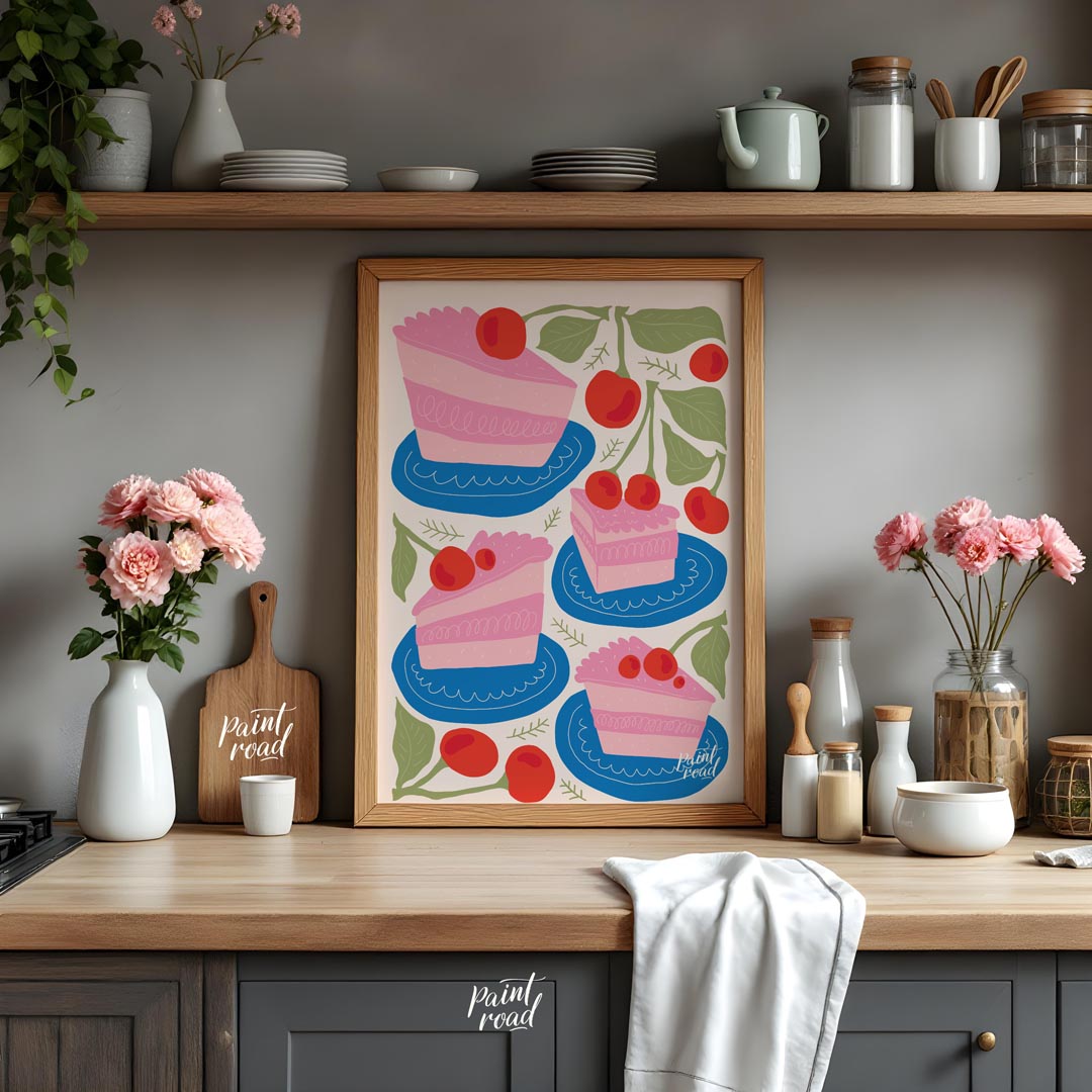 This delightful poster presents a charming assortment of cherry cake slices, each a miniature work … for kitchen