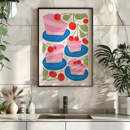 This delightful poster presents a charming assortment of cherry cake slices, each a miniature work … for kitchen