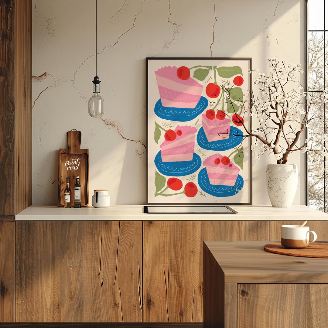 This delightful poster presents a charming assortment of cherry cake slices, each a miniature work … for kitchen