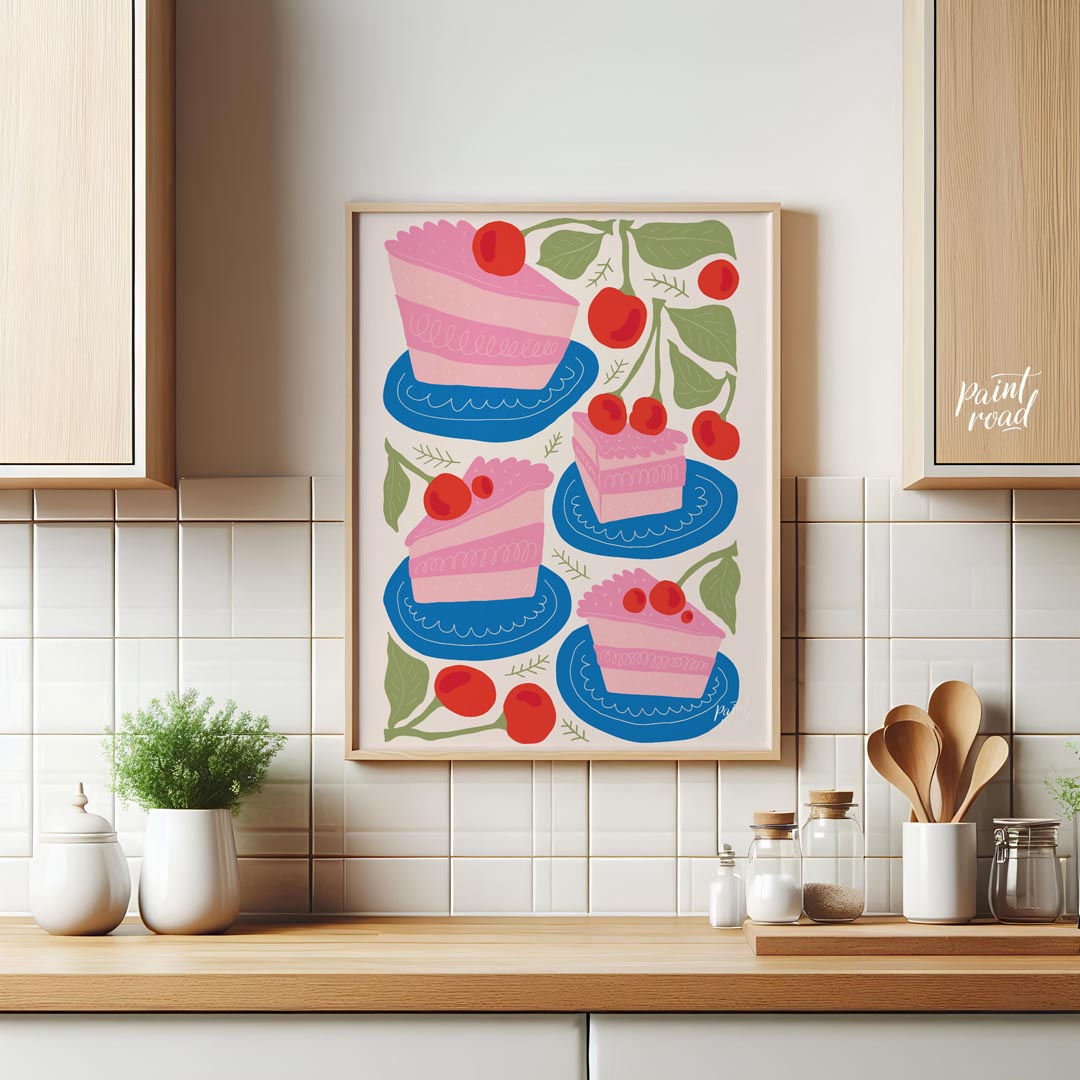 This delightful poster presents a charming assortment of cherry cake slices, each a miniature work … for kitchen