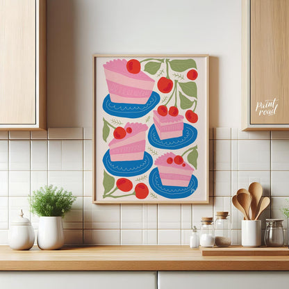 This delightful poster presents a charming assortment of cherry cake slices, each a miniature work … for kitchen
