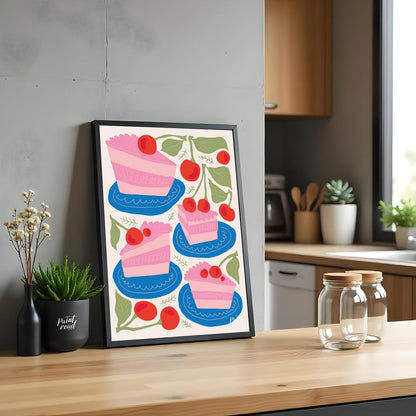 This delightful poster presents a charming assortment of cherry cake slices, each a miniature work … for kitchen