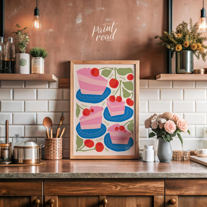 This delightful poster presents a charming assortment of cherry cake slices, each a miniature work … for kitchen