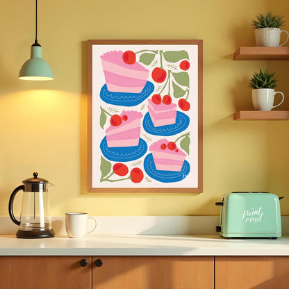 This delightful poster presents a charming assortment of cherry cake slices, each a miniature work … for kitchen