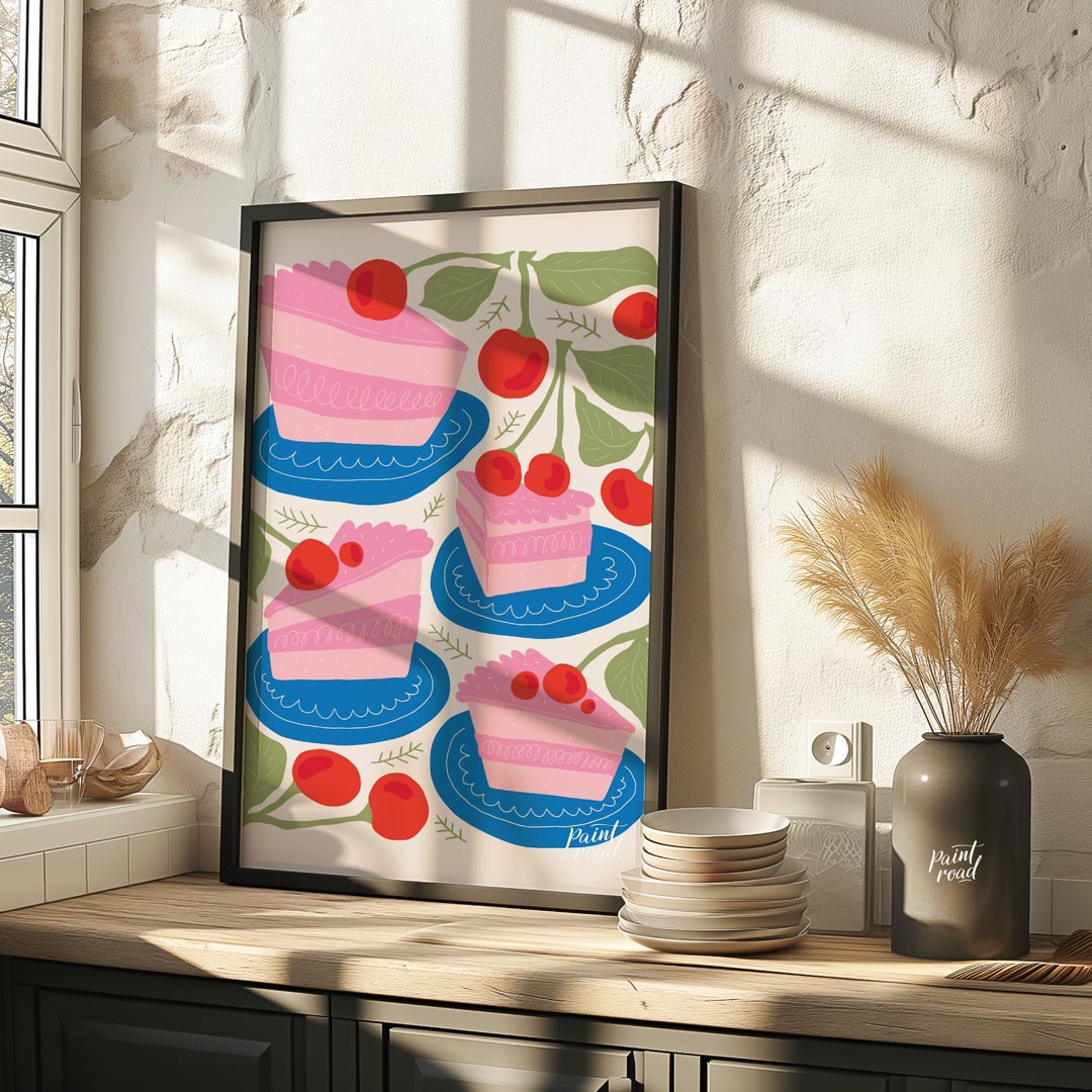 This delightful poster presents a charming assortment of cherry cake slices, each a miniature work … for kitchen