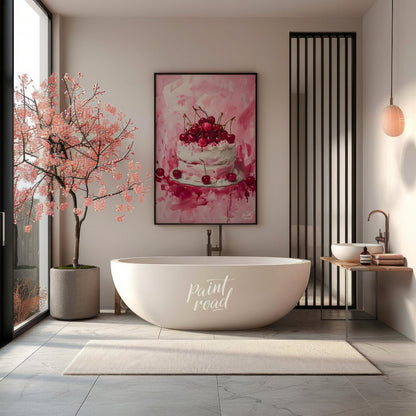 This vibrant digital painting captures a decadent cherry cake, its white frosting contrasting beaut… for bathroom