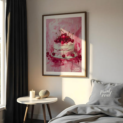 This vibrant digital painting captures a decadent cherry cake, its white frosting contrasting beaut… for bedroom