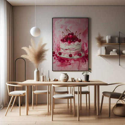 This vibrant digital painting captures a decadent cherry cake, its white frosting contrasting beaut… for dining room