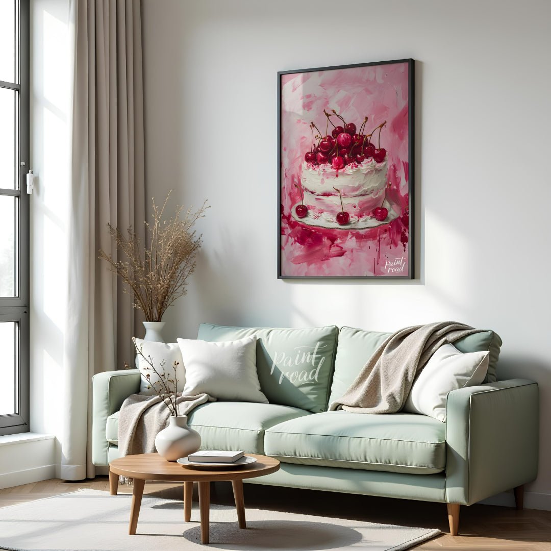 This vibrant digital painting captures a decadent cherry cake, its white frosting contrasting beaut… for living room