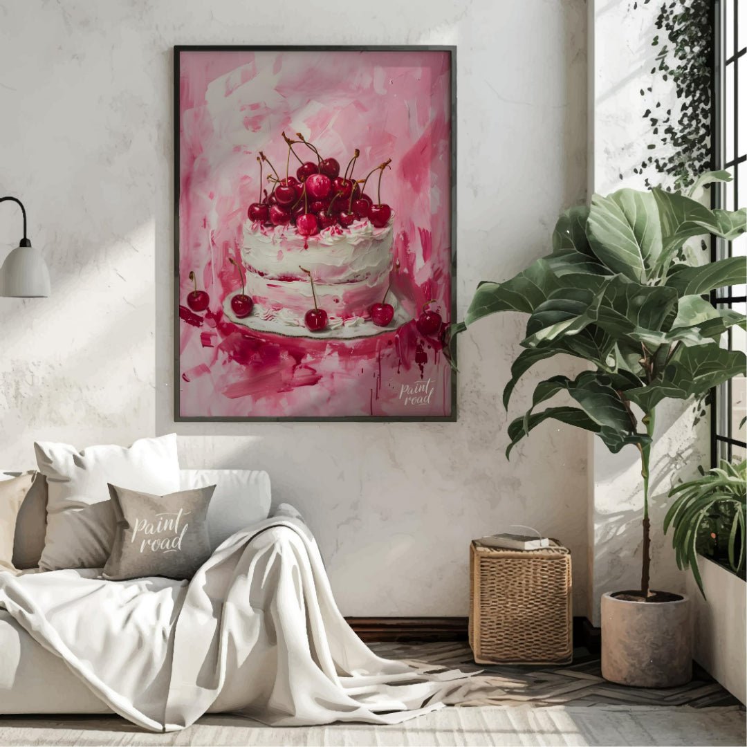 This vibrant digital painting captures a decadent cherry cake, its white frosting contrasting beaut… for living room