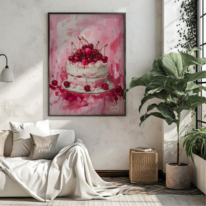 This vibrant digital painting captures a decadent cherry cake, its white frosting contrasting beaut… for living room