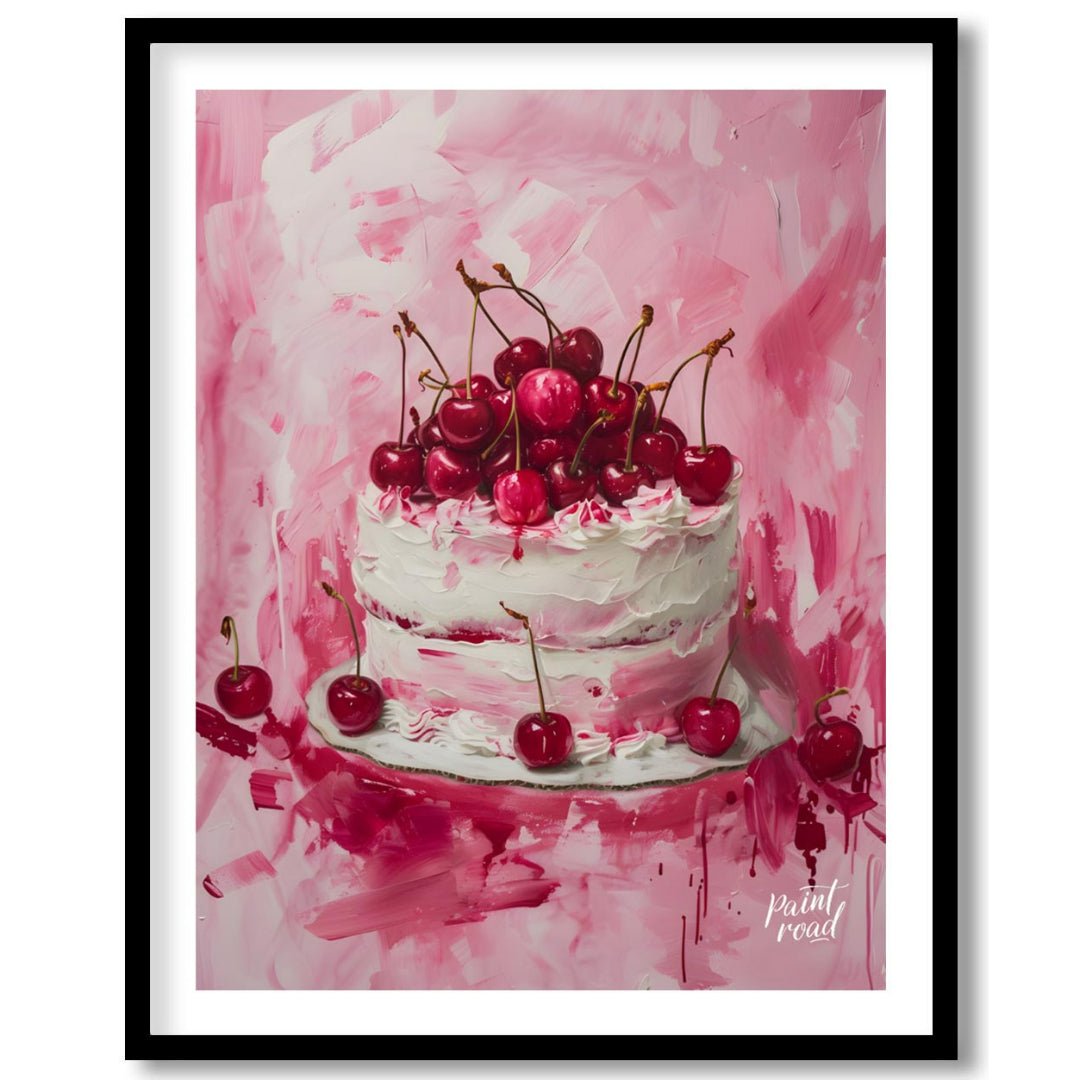 This vibrant digital painting captures a decadent cherry cake, its white frosting contrasting beaut… for lovely house