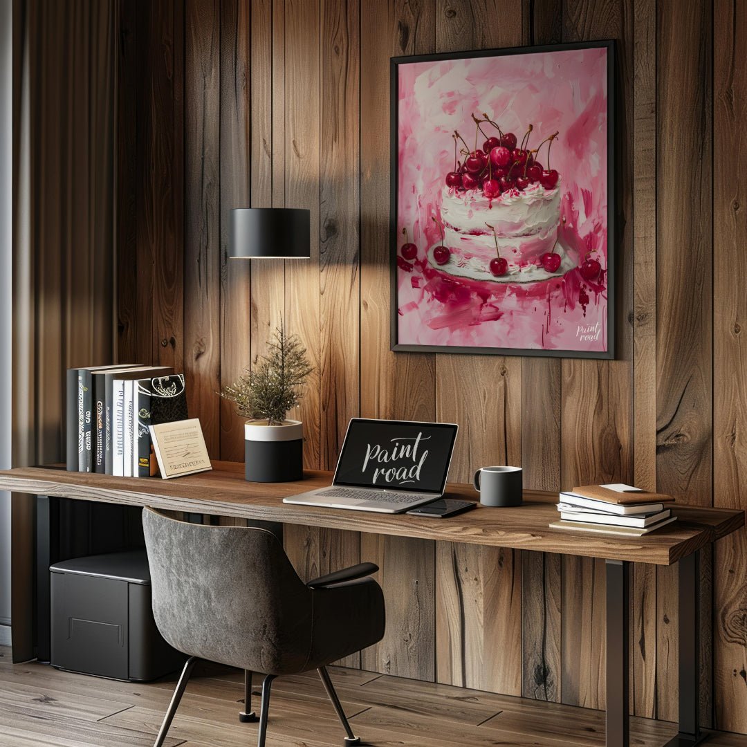 This vibrant digital painting captures a decadent cherry cake, its white frosting contrasting beaut… for office
