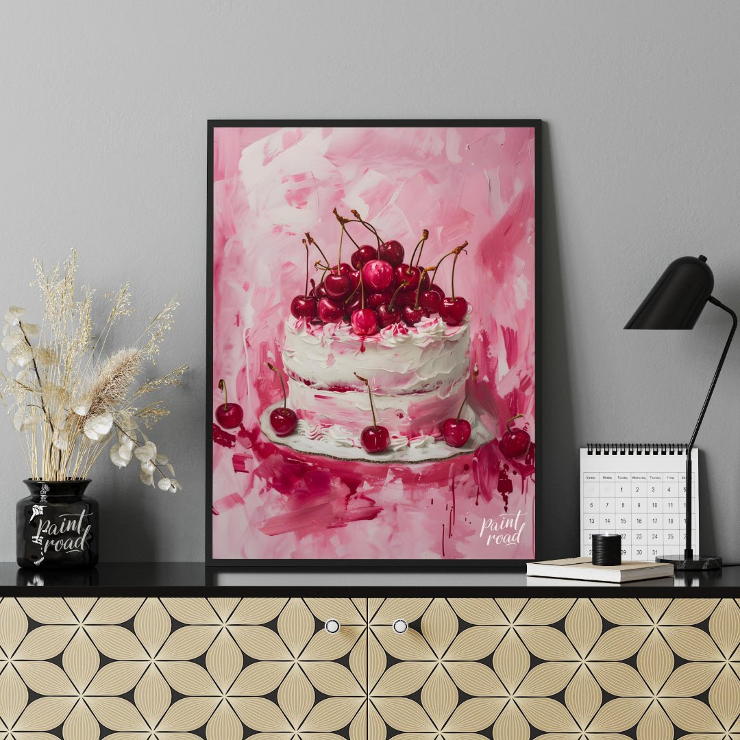 This vibrant digital painting captures a decadent cherry cake, its white frosting contrasting beaut… for office