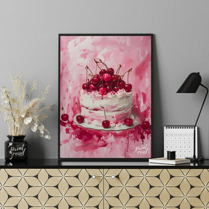 This vibrant digital painting captures a decadent cherry cake, its white frosting contrasting beaut… for office