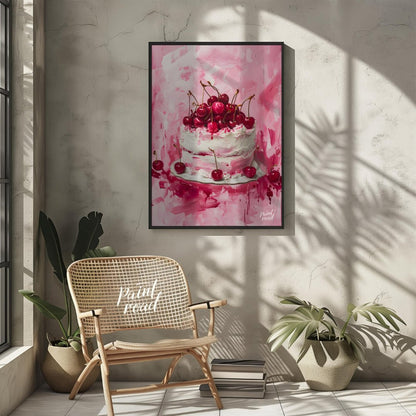 This vibrant digital painting captures a decadent cherry cake, its white frosting contrasting beaut… for other