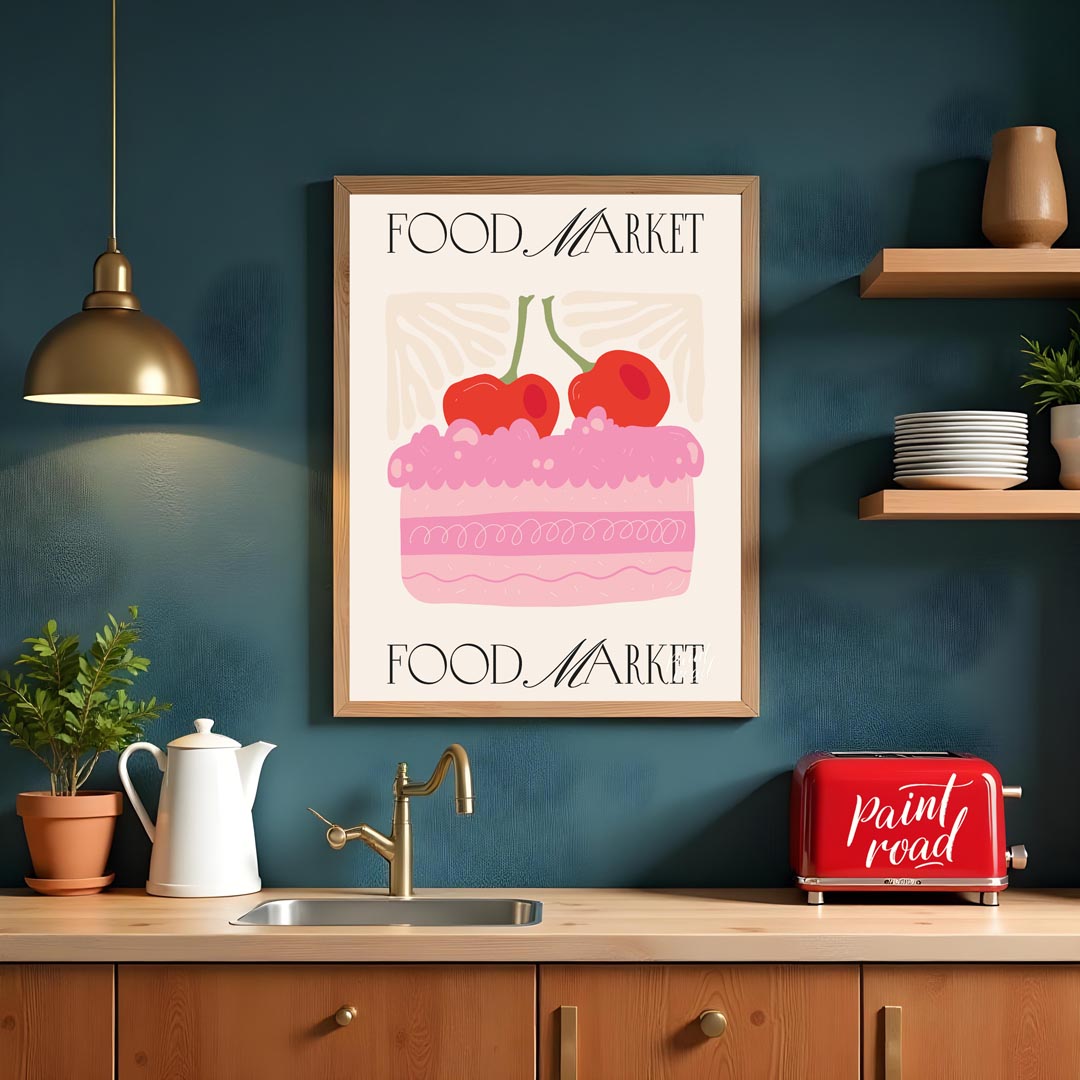 This charming poster, branded with "FOOD MARKET" at both the top and bottom, features a delightful … for kitchen