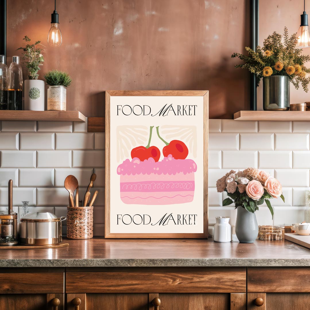 This charming poster, branded with "FOOD MARKET" at both the top and bottom, features a delightful … for kitchen