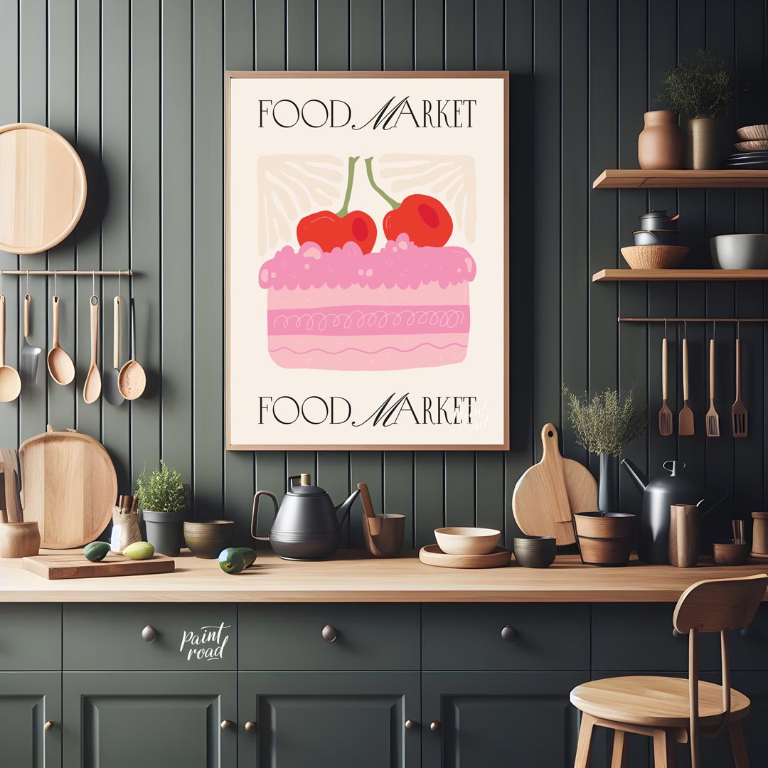 This charming poster, branded with "FOOD MARKET" at both the top and bottom, features a delightful … for kitchen