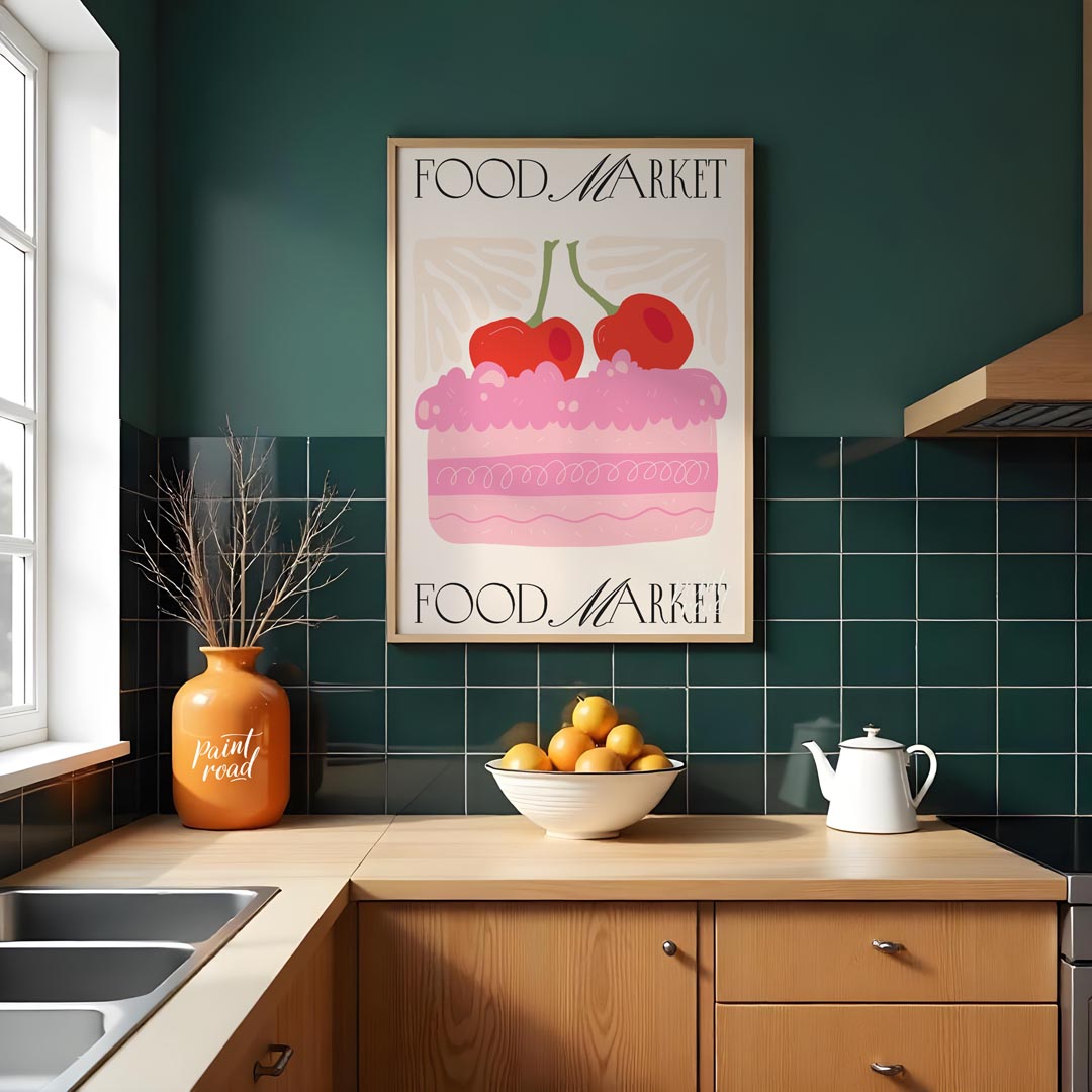 This charming poster, branded with "FOOD MARKET" at both the top and bottom, features a delightful … for kitchen