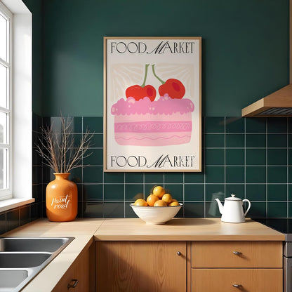 This charming poster, branded with "FOOD MARKET" at both the top and bottom, features a delightful … for kitchen