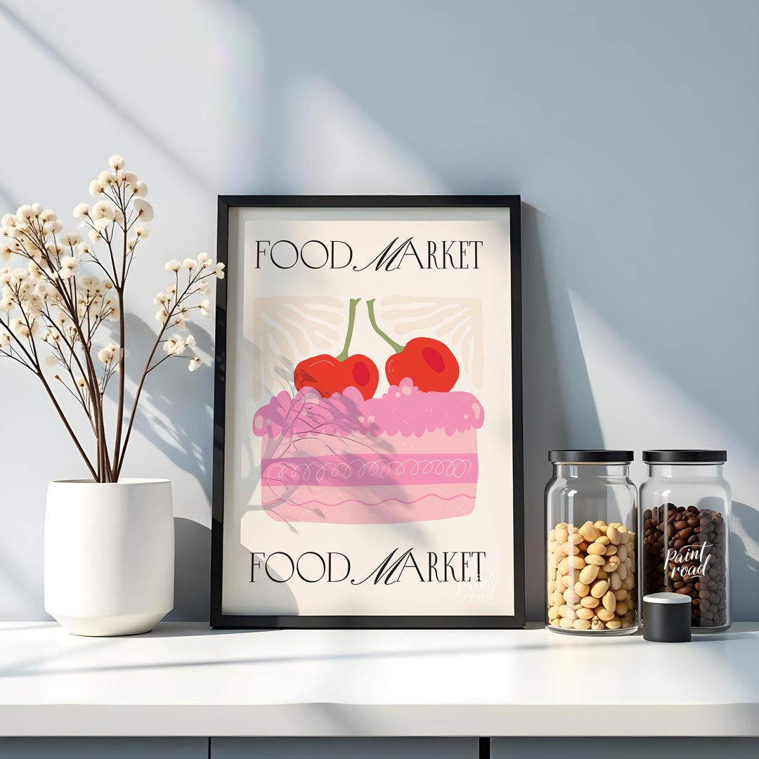 This charming poster, branded with "FOOD MARKET" at both the top and bottom, features a delightful … for kitchen