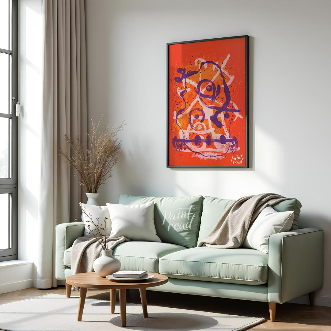 This dynamic art print is “Chevauchée - Rouge Violet” by Joan Miró, a vibrant and expressive abstra… for living room