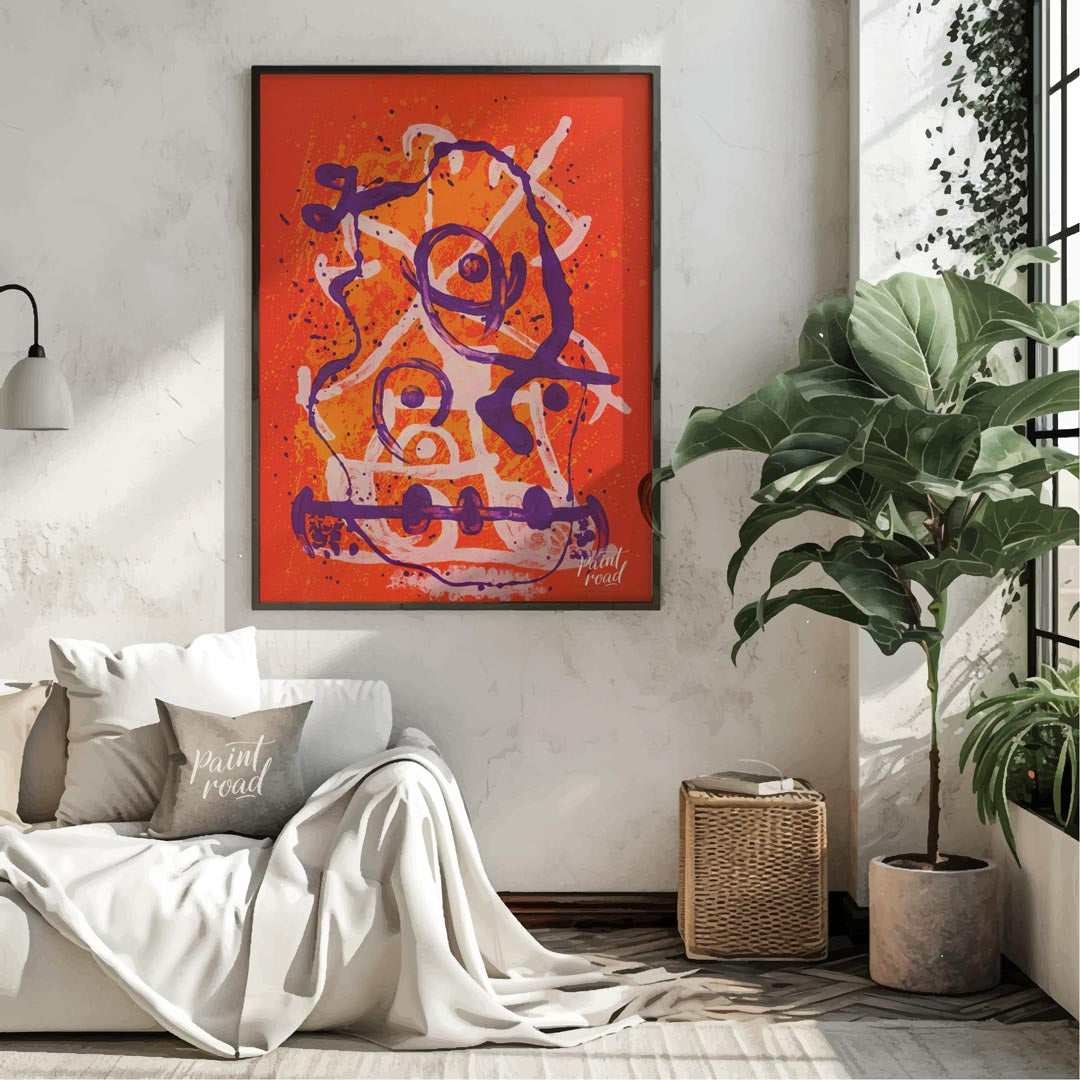 This dynamic art print is “Chevauchée - Rouge Violet” by Joan Miró, a vibrant and expressive abstra… for living room