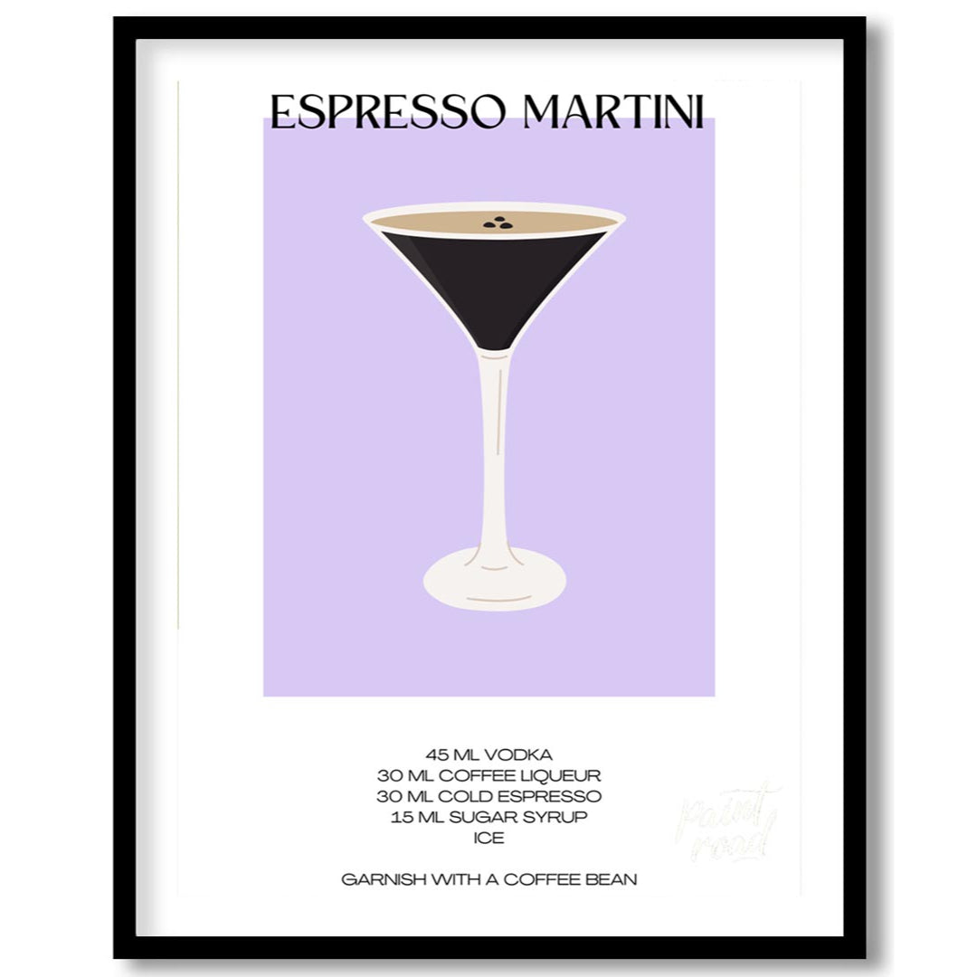 This sleek and modern poster features a striking illustration of an Espresso Martini in a sophistic… for home