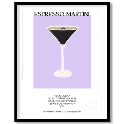 This sleek and modern poster features a striking illustration of an Espresso Martini in a sophistic… for home